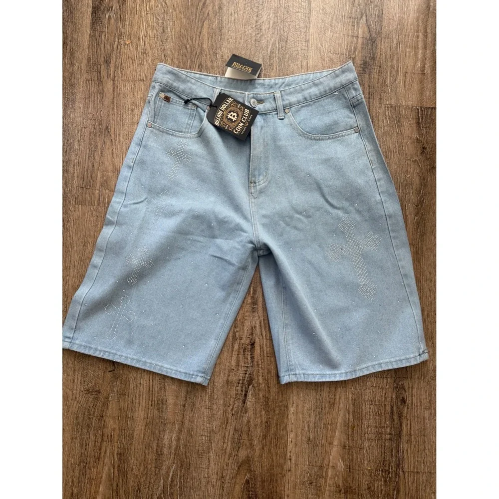Billion Dollar Coin Club Mens 34W Rhinestone Cross Denim Shorts Light Wash Blue